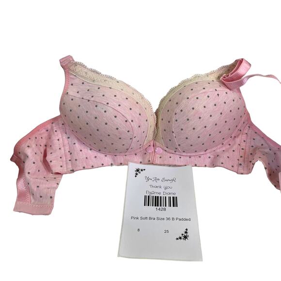 unknown Other - Pink with gray dots Size 36B Soft padded two snaps cream lace